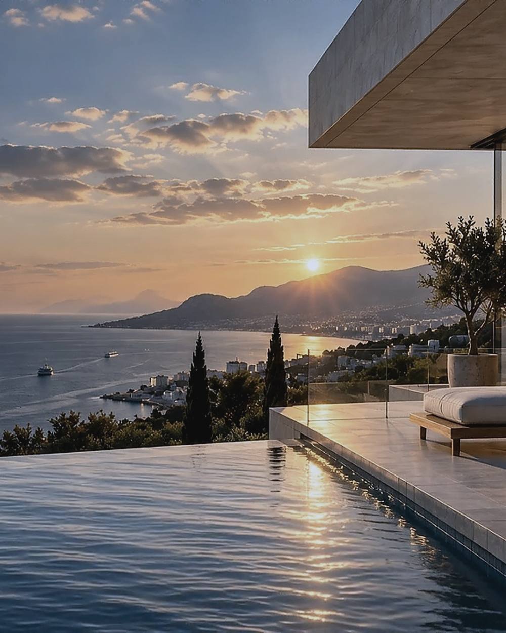 Sunset over the coastline seen from the terrace of a Mediterranean residence