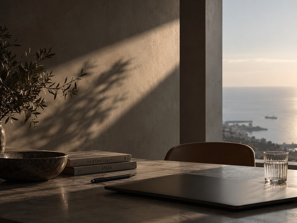 Interior table beside a window overlooking the coast in late afternoon light