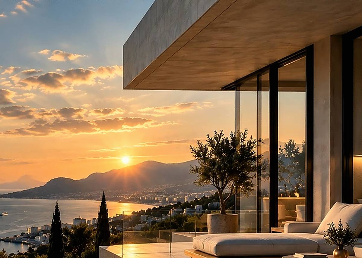 Concrete soffit and glazing of a contemporary coastal residence at sunset