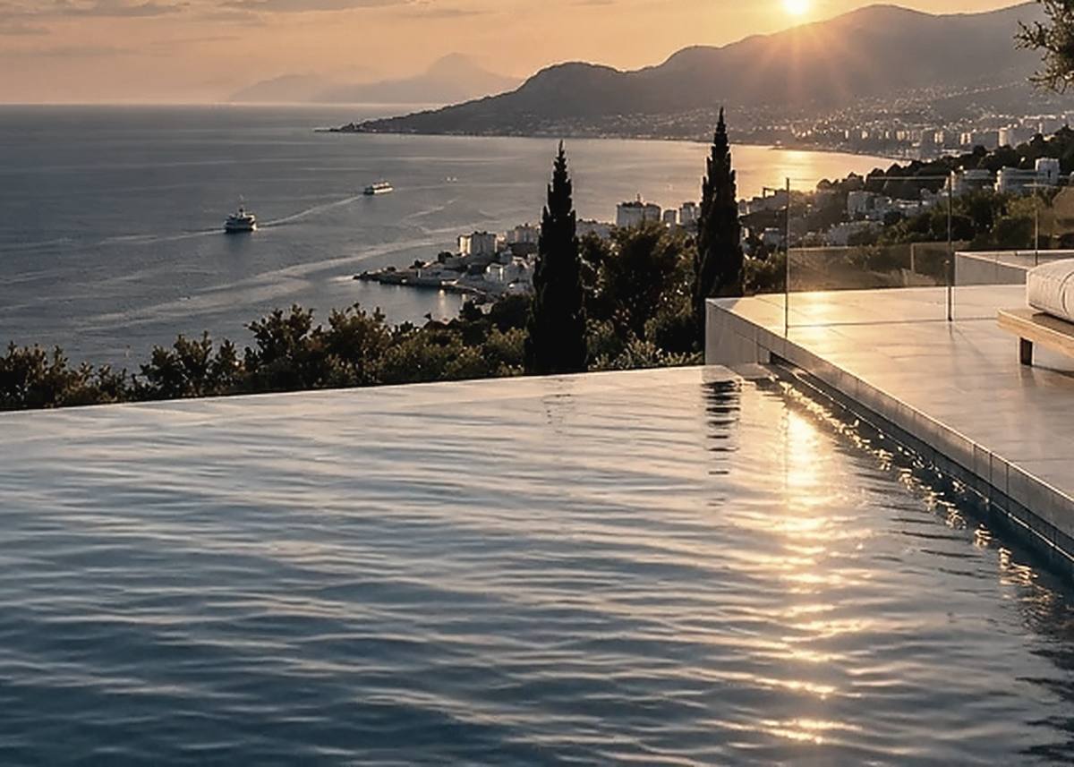 Terrace pool and stone paving above the coastline